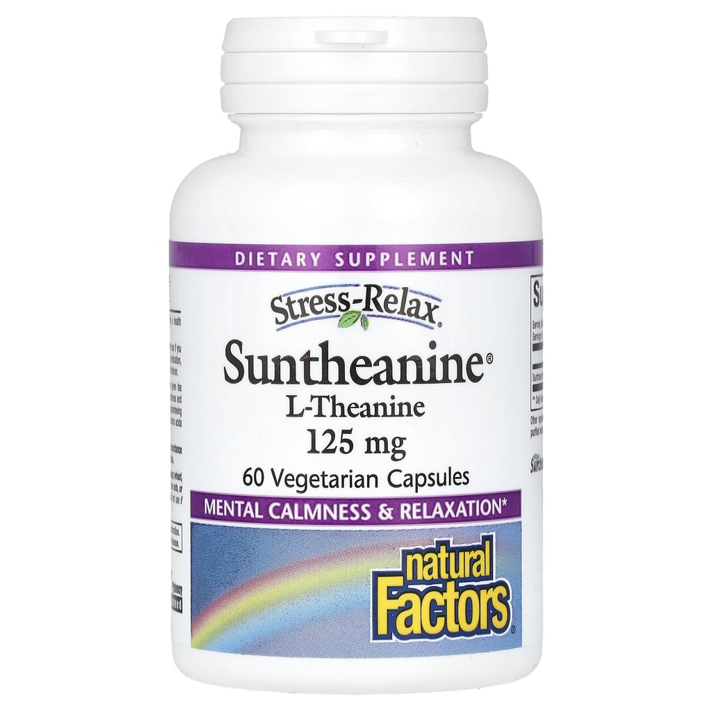 Naturlige faktorer Stress- Relax Suntheanine L- Theanine 125 mg, Non- Drowsy Stress Support for mental Calmness and relaxation, 60 kapsler