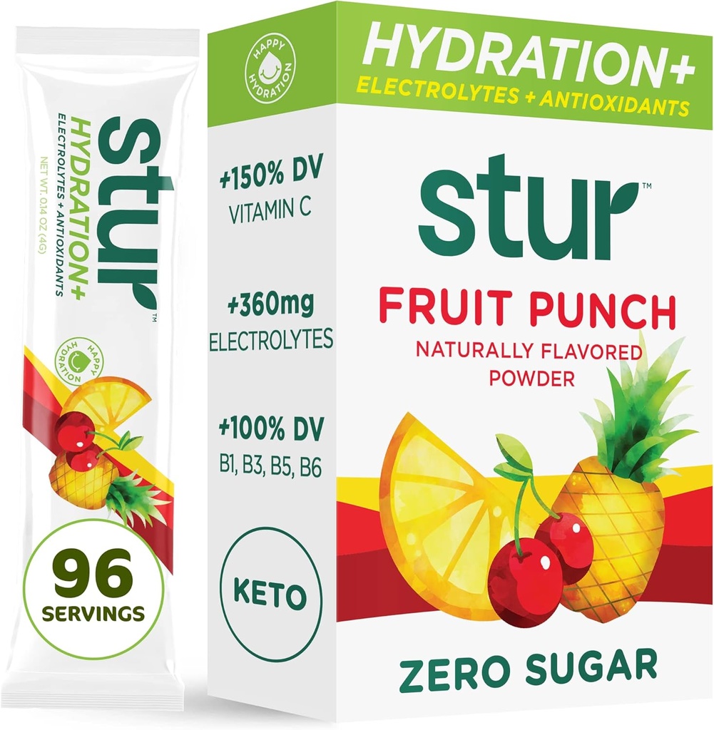 Stur Electrolytes Powder Hydration Pakker Budding- 124; Frugt Punch Budding- 124; Sukker Free Water Flavour Pakker til Workout Inddrivelse Budding- 124; Høje Antioxidanter & B Vitamin Budding- 124; Keto, Vegan, Non- GMO, Paleo, 96 Pakker