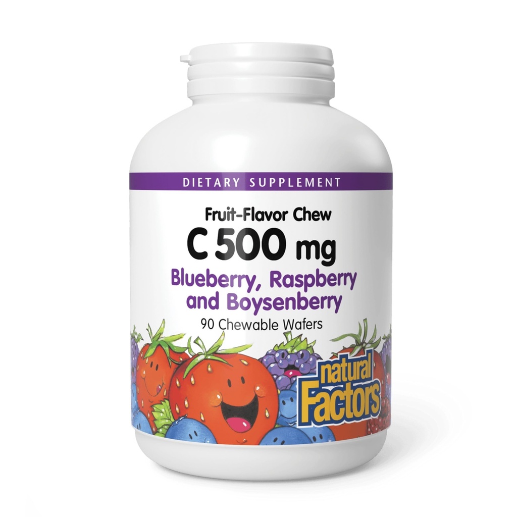 Naturlige faktorer, Kids Chewable C-vitamin 500 mg, understøtter immunforsvar, knogler, tænder og tandkød, blåbær, hindbær og boysenbær, 90 Greve (Pack of 1)
