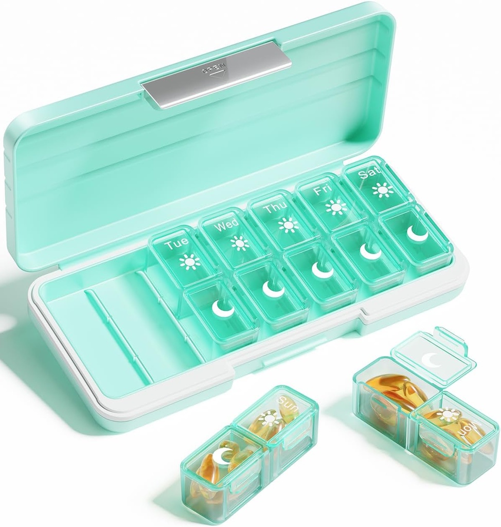 AM PM Pill Organizer 2 gange en dag, 7 dag Pill Box Ugentlig Pill Organizer Rejser med Separat Container, Portable Daily Medicine Planner Dispenser sag for Vitamin, Fish Oliils, Kosttilskud # Grøn