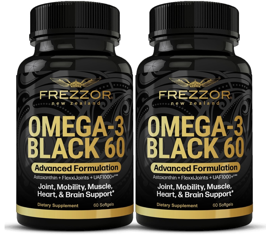 FREZZOR Omega 3 Sort til fælles pleje & Comfort - New Zealand Green Liped Mussel Oil Capsules; 53x Højere potens med UAF1000 + Super Antioxidant, Ingen Fishy Eftersmag, 60 Greve (Pack of 2)