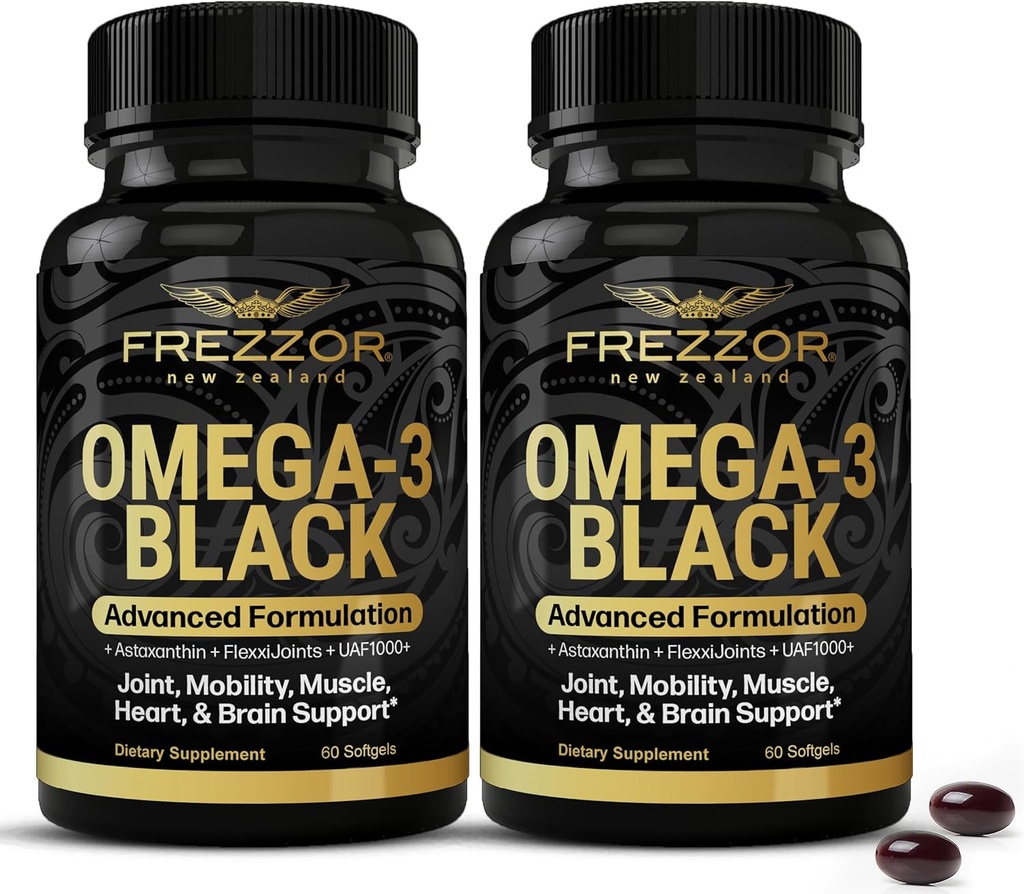 FREZZOR Omega 3 Sort til fælles pleje & Comfort - New Zealand Green Liped Mussel Oil Capsules; 53x Højere potens med UAF1000 + Super Antioxidant, Ingen Fishy Eftersmag, 60 Greve (Pack of 2)