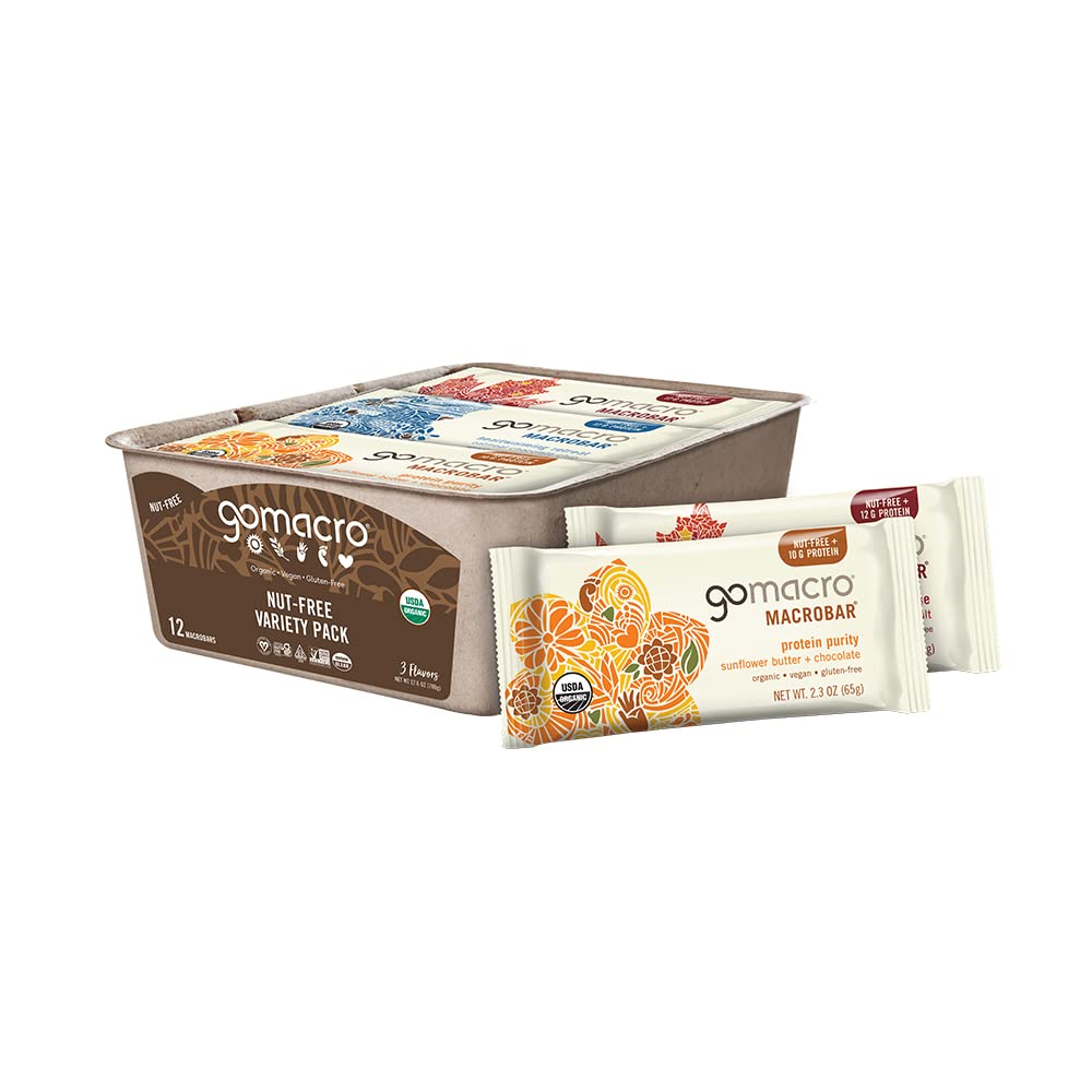 GoMacro MacroBar Organic Vegan Protein Bars, Nut Free Variety Pack, 2.3 Oz, 12 Greve