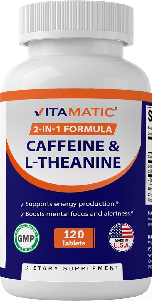 Vitamatisk L- Theanin 200mg med koffein 100mg - 120 Vegetariske tabletter Nootrope supplement til Focured Energy & Mental Clarity