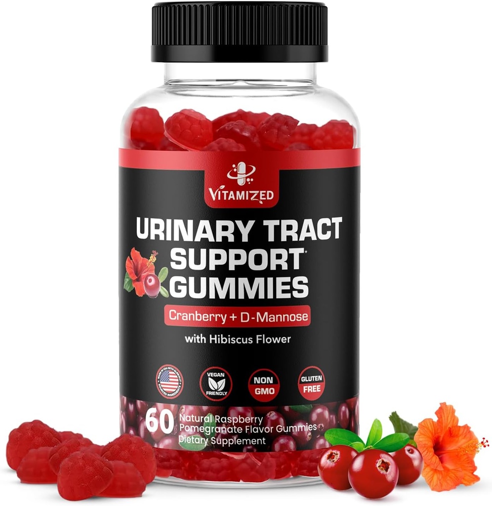 Potent Cranberry Gummies 1500mg med D Mannose - Urinary Tract Sundhed for kvinder & mænd, Urinary Flush & Blogen Fast- Fungerende Support Kosttilskud med Hibiscus pulver, 60 Greve