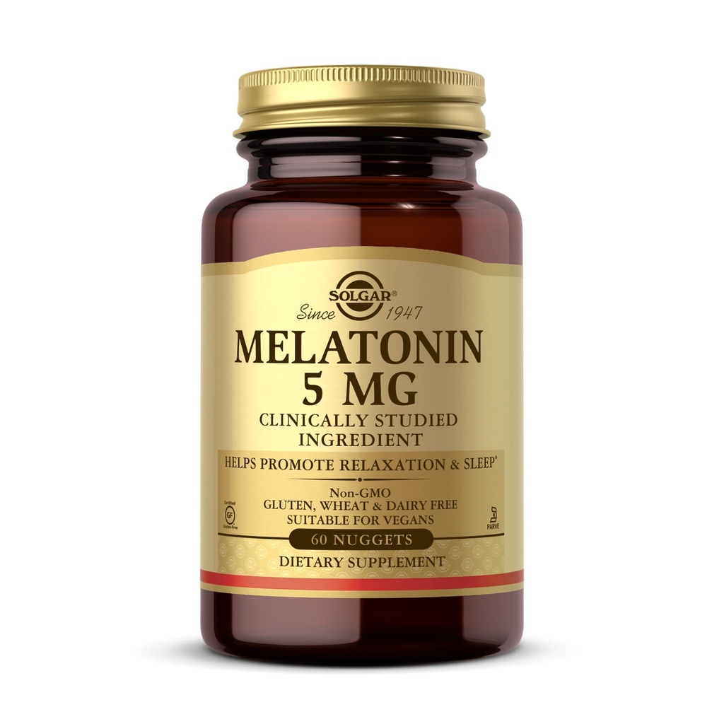 Solgar Melatonin 5 mg, 60 Nuggets - Hjælper med at fremme afslapning og hvile - Klinisk Studerede Melatonin - Vegan, Gluten Free, Dairy Free, Kosher - 60 Servere
