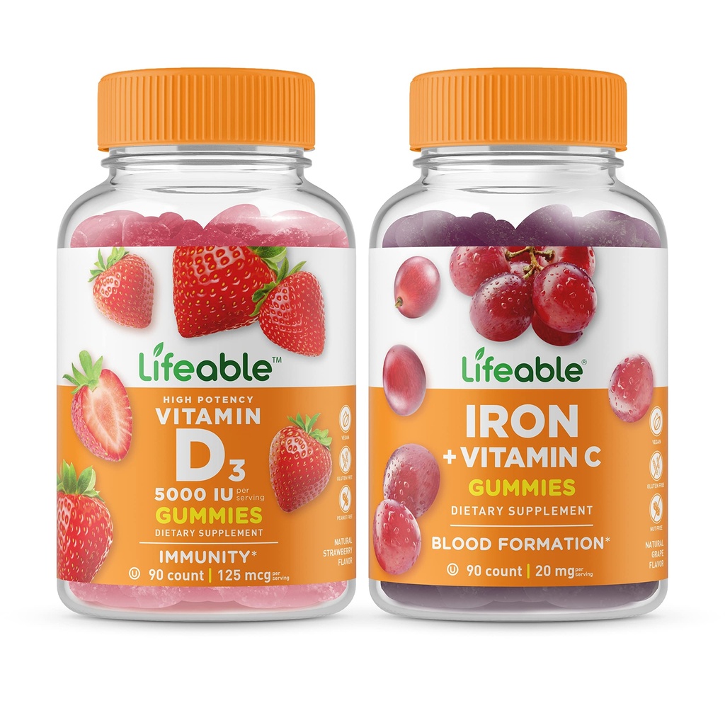 Lifeable D 5000 IE + Jern med C-vitamin, Gummies Bundle - Great Tasting, Vitamin Supplement, Gluten fri, GMO fri, Chewable Gummy