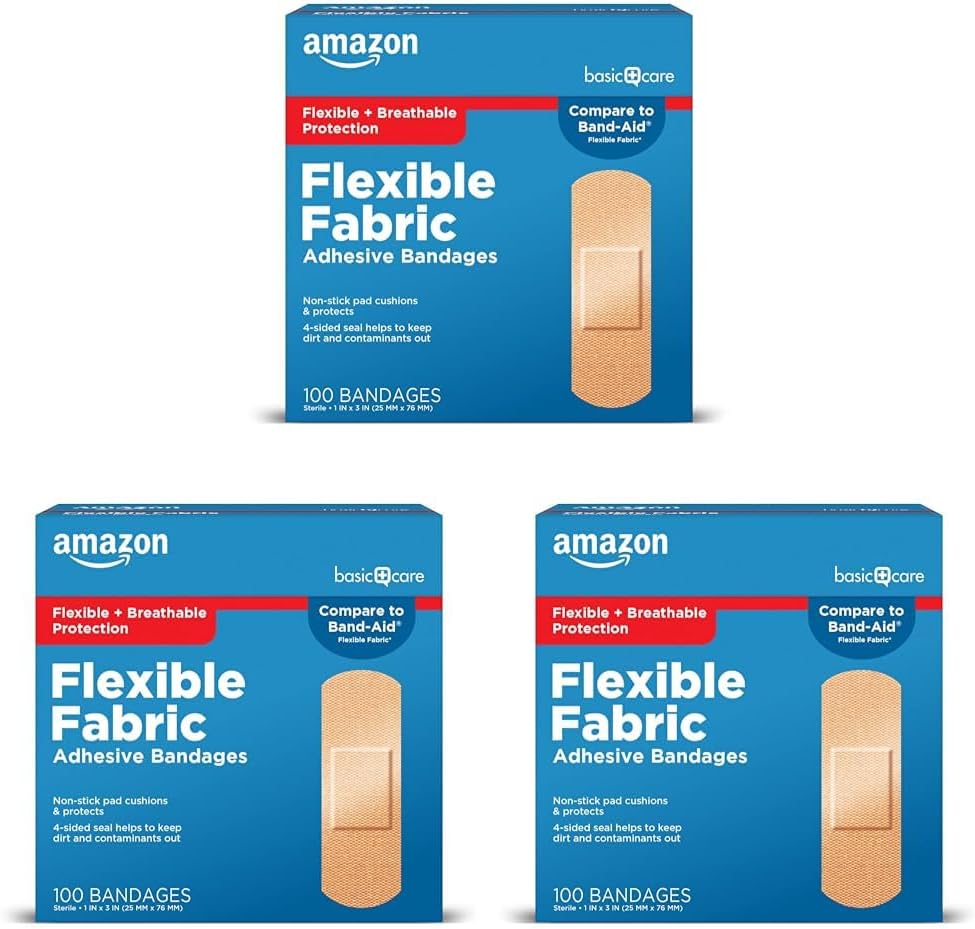 Basic Care Flexible Fabric Adhesive Bandages, Førstehjælp og Sårpleje Supplies, All- One Size, 100 Greve (pakke med 3)