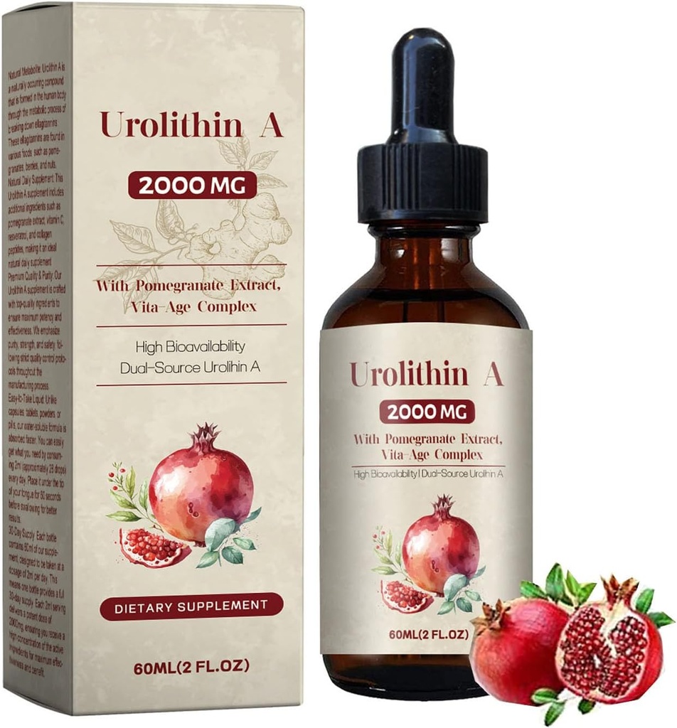 Urolithin A 2000MG flydende dråber med Pomegranat Extraet, Vita- Age Complex høj biotilgængelighed Dual- Source Urolithin A 60ML (2 Fl Oz, 2024New)