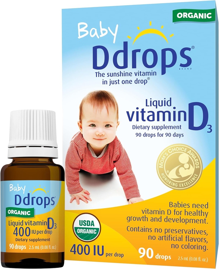 Ddrops Organic Baby 400 IE 90 dråber - Daglig D-vitamin væske til spædbørn. Understøtter tænder og ben sundhed. Ingen konserveringsmidler, ingen sukker, non-GMO, allergy- venlig - pakke med 2