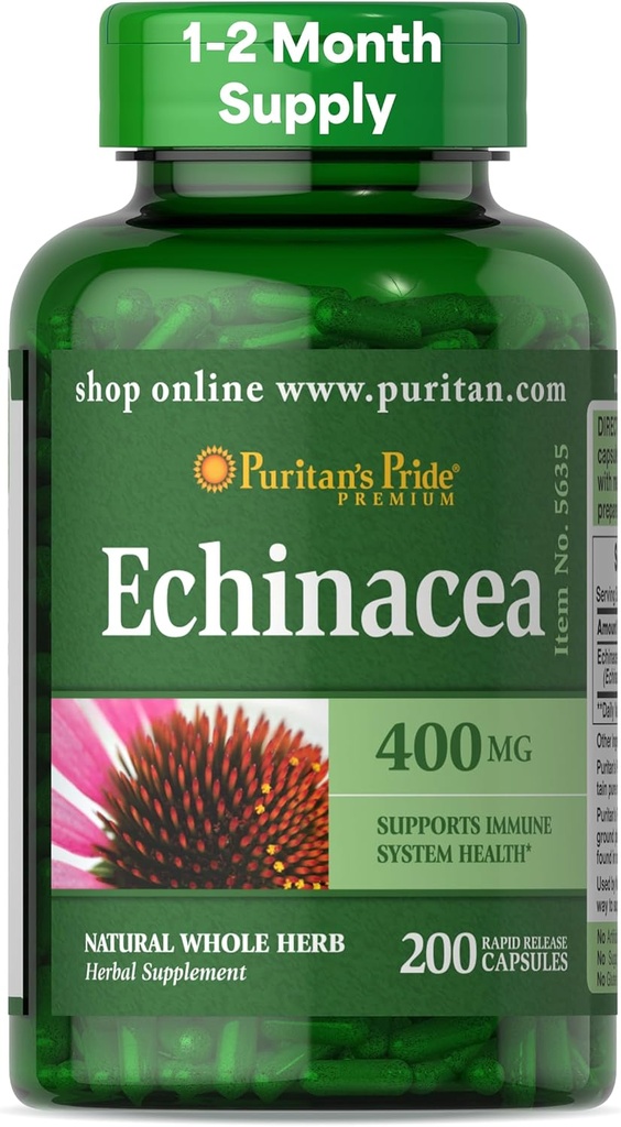 Puritan 's Pride Premium Echinacea Natural Whole Herb Herbal Supplement 400mg, Kosttilskud til sundhed, immunsystem support, 200 hurtige release kapsler