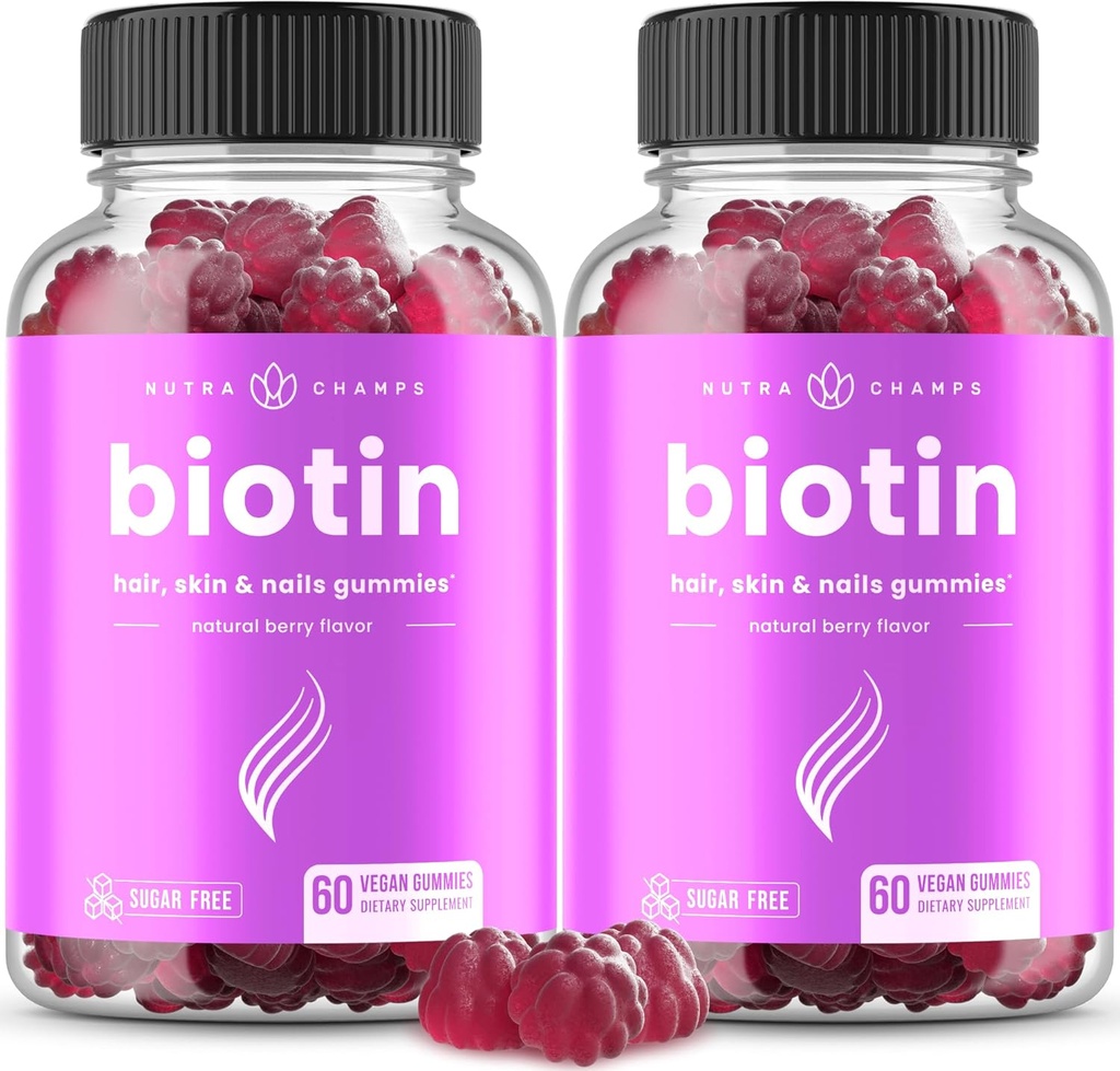 NutraChamps Sugar Free Biotin Gummies 10000mcg [høj potens] - sundt hår, hud og negle til kvinder, mænd & børn - 5000mcg i hver gumme - Vegansk hår sundhed vitaminer supplement - Hindbær (2 - Pack)