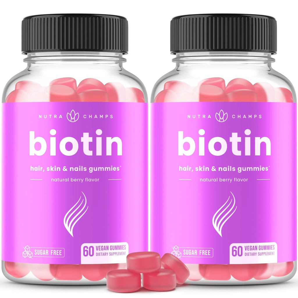 NutraChamps Sugar Free Biotin Gummies 10000mcg [høj potens] - sundt hår, hud og negle til kvinder, mænd & børn - 5000mcg i hver gumme - Vegansk hår sundhed vitaminer supplement - Hindbær (2 - Pack)
