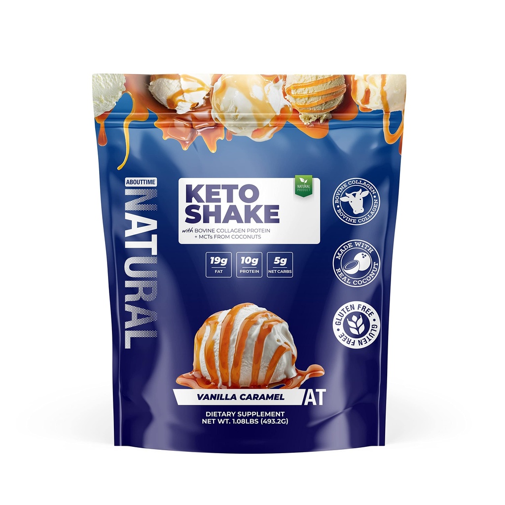 Om tid Keto Shake med Bovine Collagen Protein + MCT fra Coconuts - 19g Fedt, 10g Protein, 5g Net Carbs - Vanilla Caramel, 1lb
