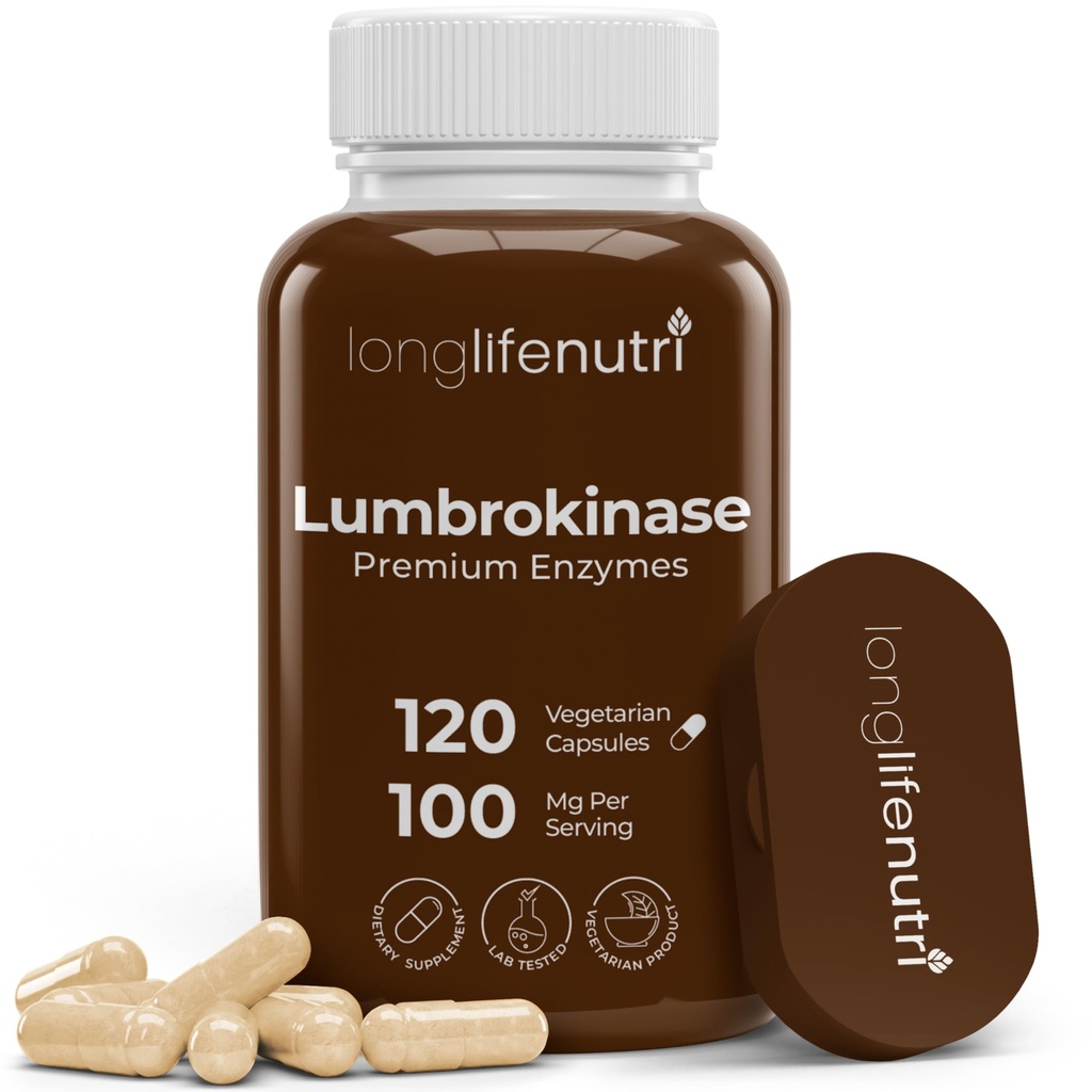 LongLifeNutri Lumbrokinase 100mg - Maksimal aktivitet 2.000.000 Enheder per servering, 120 Vegetariske Kapsler, 2 - Måned Supply, Natural Enzyme Supplement for Circulatory Health, Lab Testet, Made in USA