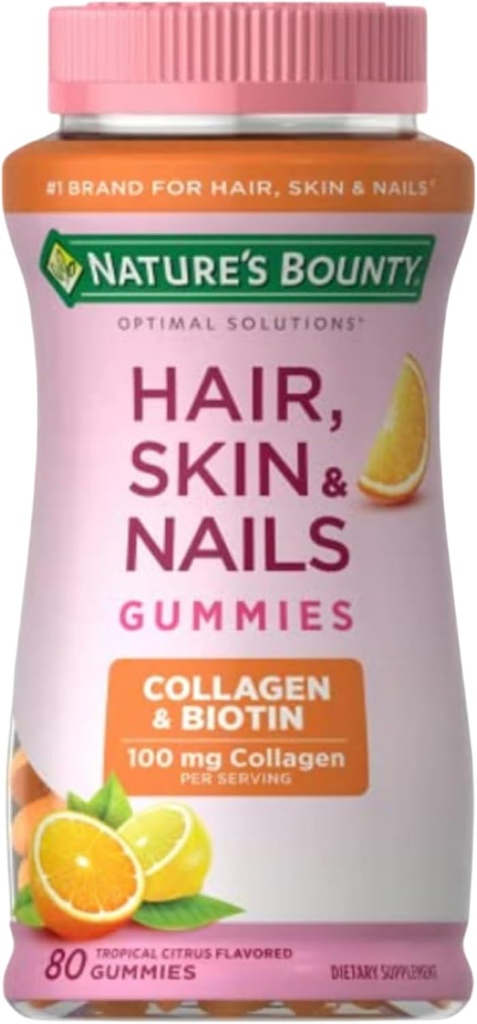 Nature 's Bounty Optimal Solutions Hår, Hud & Nails med Biotin og Collagen, Citrus- Fine Gumies Vitamin Supplement, 2500 mcg, 80 Ct, 40 Total Servering