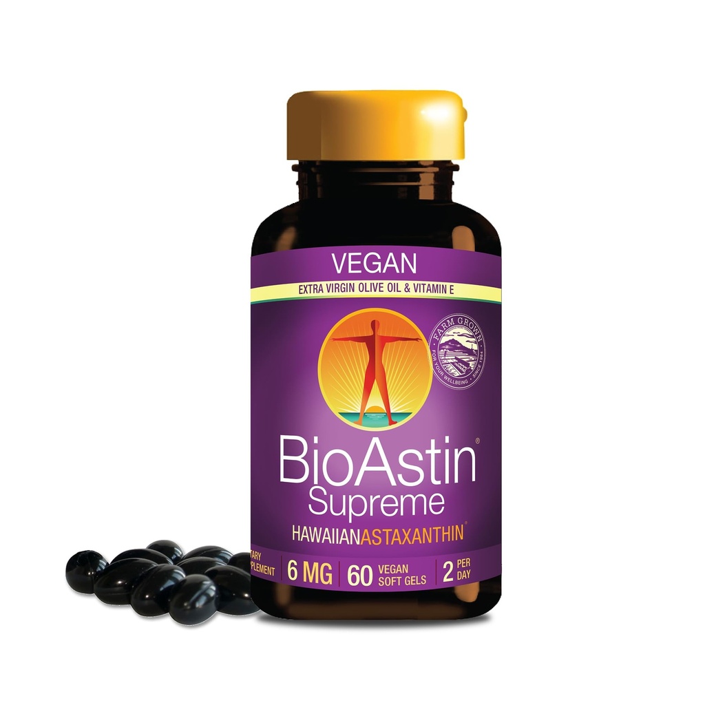 Nutrex Hawaii BioAstin Supreme Hawaii Astaxanthin - 6mg, 60 Softgel - Farm-Direct Premium Antioxidant Supplement for øje, hud, fælles & immunsystem sundhed * - blandet med ekstra jomfru olivenolie