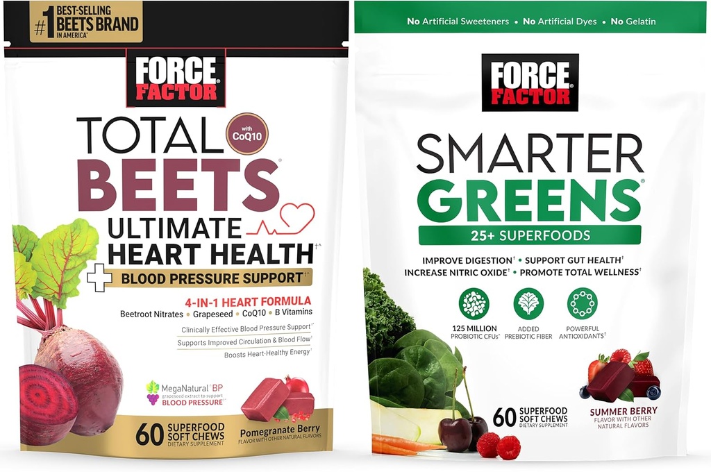 Bundle of Force Factor Total Beets Ultimate Heart Health Blood Pressure Support Chews med CoQ10, 60 Soft Chews + Smarter Green Superfood Chews, til støtte fordøjelse, 60 Soft Chews