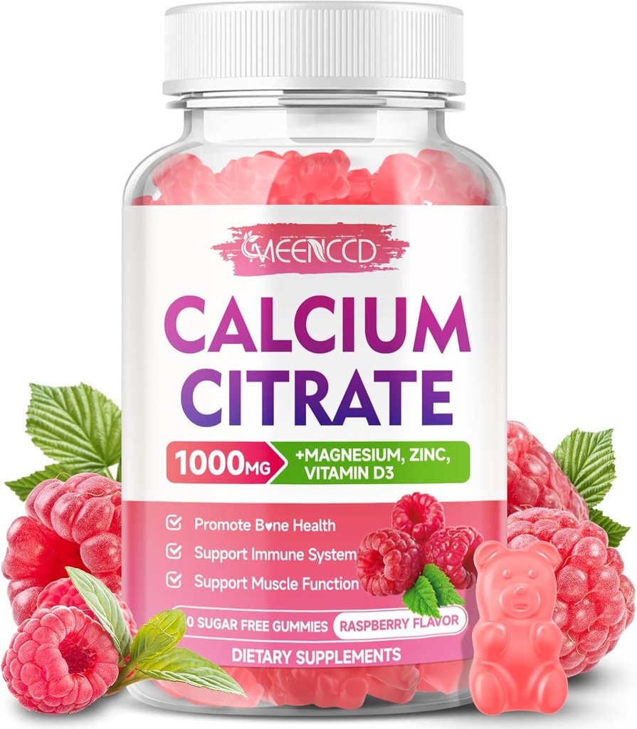 Calcium Citrat Gummies 1000mg w / vitamin D3, høj Absorption Calcium supplement til kvinder & mænd, Plus Magnesium, kalium, zink til muskel & immunforsvar, sukkerfri, Raspberry Flavor, 60 Greve