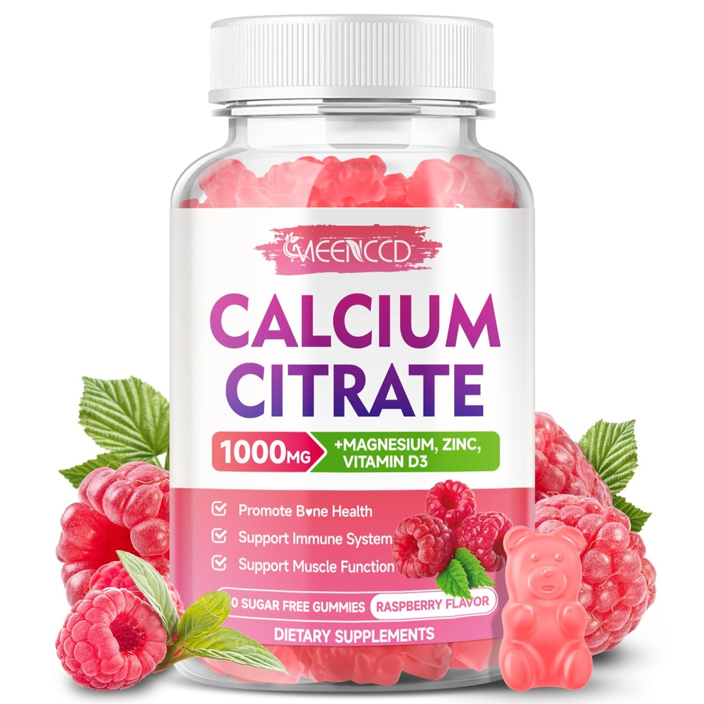 Calcium Citrat Gummies 1000mg w / vitamin D3, høj Absorption Calcium supplement til kvinder & mænd, Plus Magnesium, kalium, zink til muskel & immunforsvar, sukkerfri, Raspberry Flavor, 60 Greve