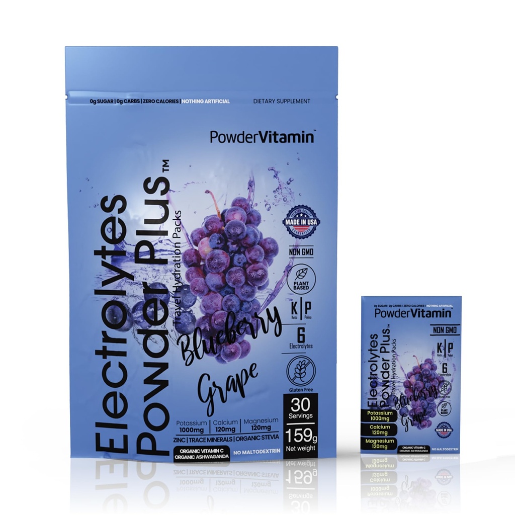 PowderVitamin Electrolytes Powder Plus, Keto, Blueberry Grape, Zero Sugar, 1000mg Kalium, 120mg Calcium, 120mg Magnesium, Non- GMO, Zero Calories, 30 Hydrationspakker