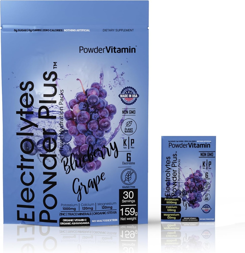 PowderVitamin Electrolytes Powder Plus, Keto, Blueberry Grape, Zero Sugar, 1000mg Kalium, 120mg Calcium, 120mg Magnesium, Non- GMO, Zero Calories, 30 Hydrationspakker
