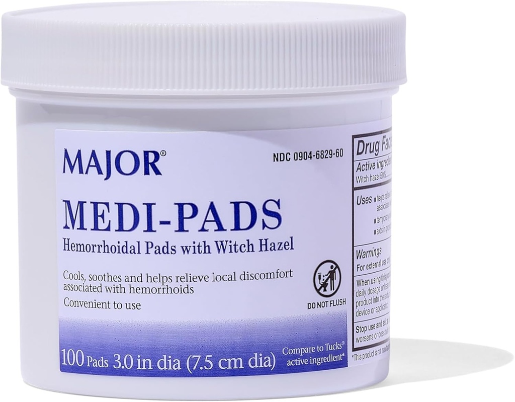 MAJOR Medi- Pads - Hæmorroide Hygiejniske rensende heks Hazel Pads - Køling Relief med Aloe - 100 Count Jar (1 pakke)