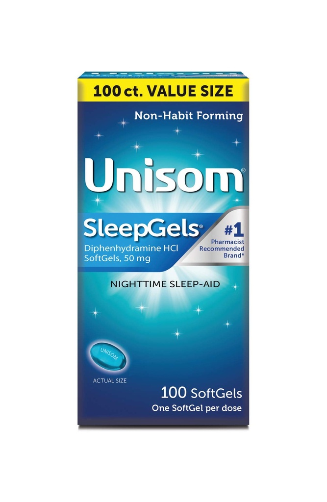 Unisom Nighttime Sleep- Aid Gels, Diphenhydramin HCI 50mg, 100 Tæl