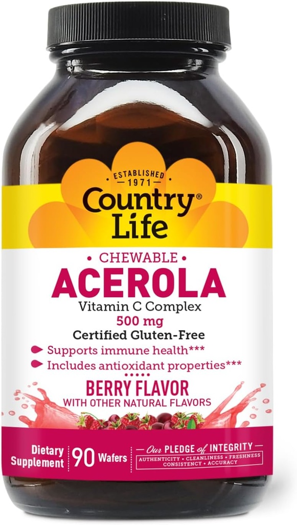 Country Life Acerola C-vitamin Complex, 500mg, Chewable Berry Flavored Wafers, Understøtter immunsundhed, 90 Wafers, Certified Gluten Free by GFCO, Certified Vegan by AVA