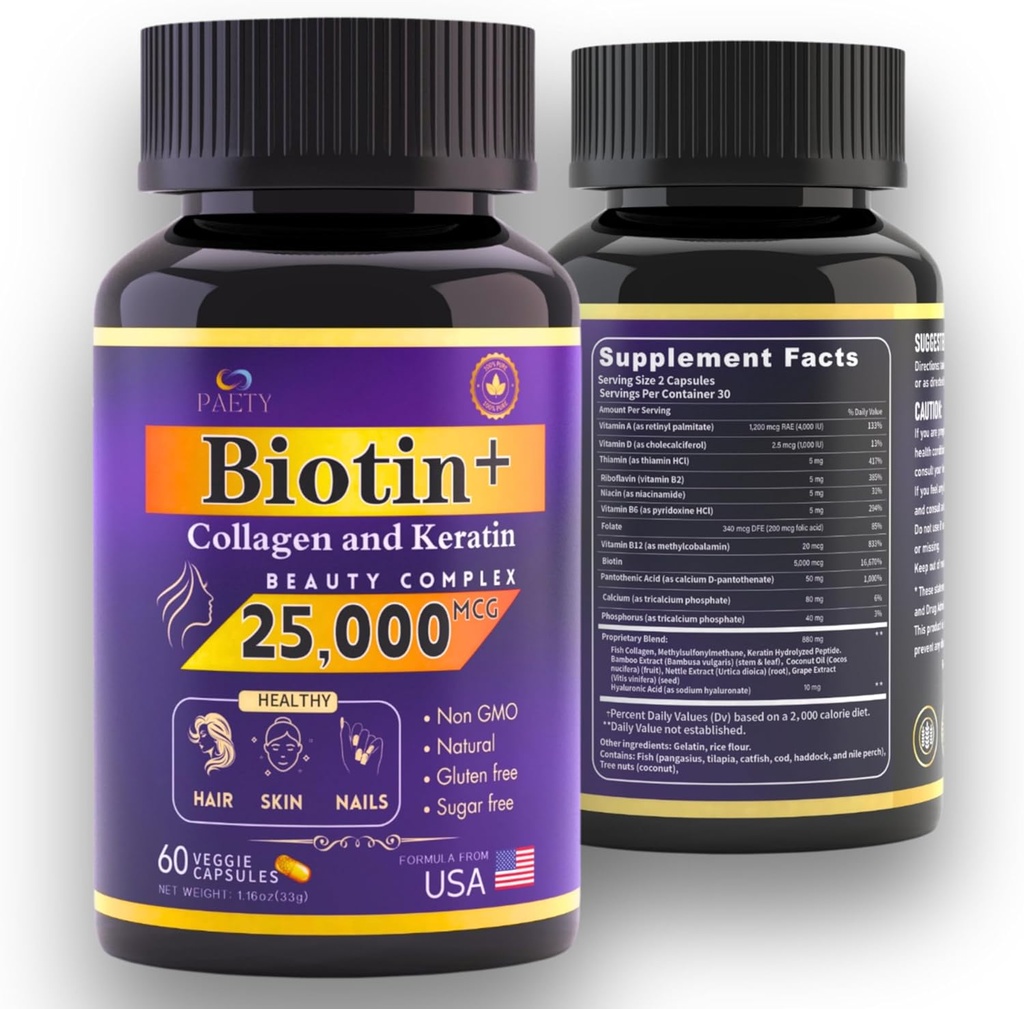 Revitaliser din skønhed! Biotin, Collagen & Keratin Complex - 25.000 mcg med Hyaluronsyre & B vitaminer - Klinisk testet for frodig hår, strålende hud, stærke negle - 60 kapsler
