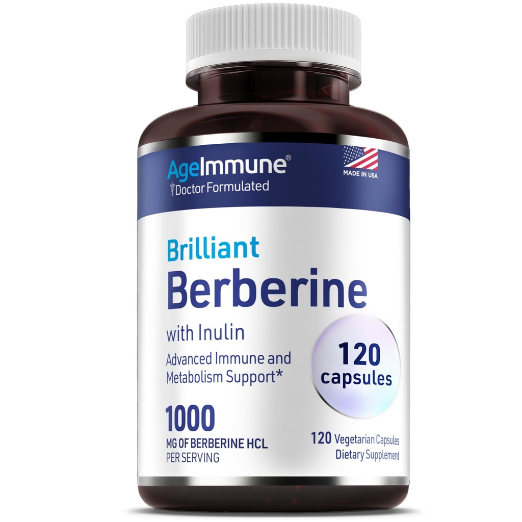 Ageimmune Berberine 1000mg Supplement Complex med inulin Prebiotic - Hver kapsel indeholder berberine 500mg - Doctor Formulated Supplements for High Absorption.