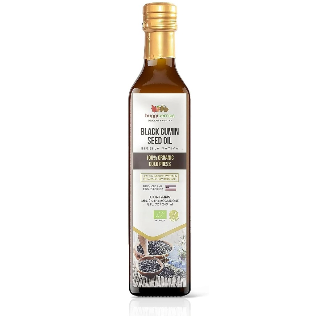 Huggiberry Organic Black Seed Oil Liquid - Glas bottle- Gluten- Free Oil for Salads, Dips, Dressings, Veggies - Cold Pressed Turkish Cumin, Rich in Thymoquinone Immunity Supplement - 8 fl.oz. / 250ml