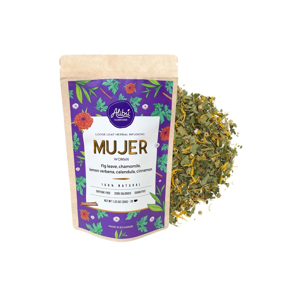 Alibu Loose Leaf Urtete - Mujer - Naturlig menstruationscyklus Relief fra kramper, Kvalme Relief -Certificeret Vegan, 100% Naturlig te, Certificeret Kosher - 25 Cups