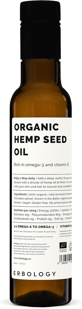Erbologi Økologisk Hamp Seed Oil 8.5 fl oz - Cold- Pressed - Rich in Omega-3 - Kilde til D-vitamin - Lige fra Farm - Non- GMO - Ingen tilsætningsstoffer eller konserveringsmidler - Genanvendelige glasflaske