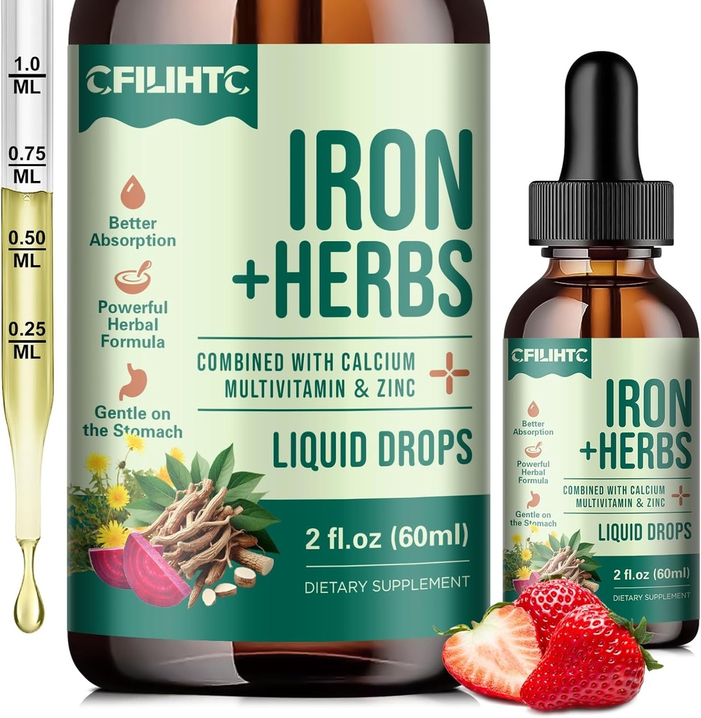 Flydende jerntilskud til kvinder, mænd, jerndråber med kvinders sundhed Herb Blend, Calcium, Zink & Multivitamin - Support Blood Builder, Hud, Energi, Immun for jernmangel, Anæmi, Vegan 2 Fl Oz