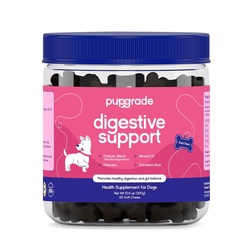PupGrade fordøjelsesfremmende support tygger til hunde - Prebiotiske og probiotiske tillæg med enzymer Blend - Upset Mave, Diarré, tarm, og immunforsvar - Græskar, blåbær, Mineral Oil - 60 bløde tygger