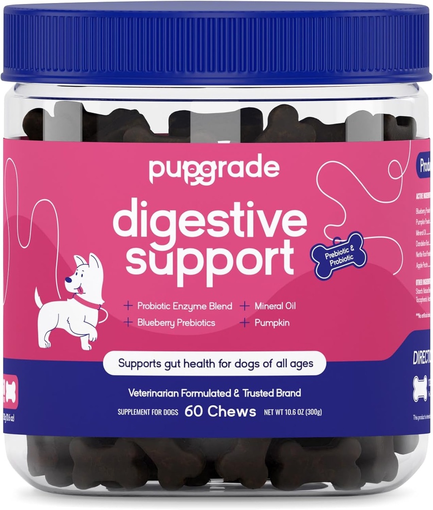PupGrade fordøjelsesfremmende support tygger til hunde - Prebiotiske og probiotiske tillæg med enzymer Blend - Upset Mave, Diarré, tarm, og immunforsvar - Græskar, blåbær, Mineral Oil - 60 bløde tygger