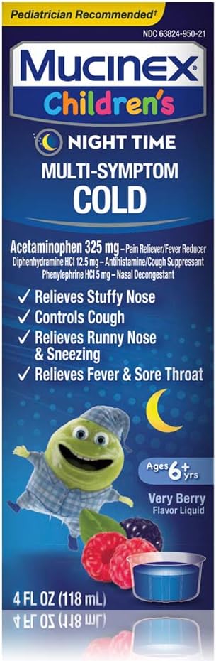 Koldt, Hoste, og Feber, Mucinex børns Multi- symptom, Night Time Cold Liquid, Mixed Berry, 4oz, Reducerer Fever, Kontrol Host, Relieves Stuffy Næse