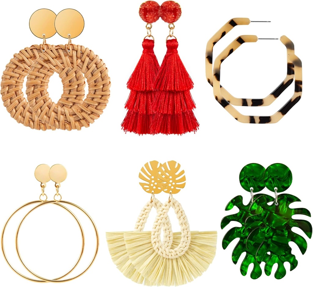 Ponpon 6-18 par øreringe til kvinder, letvægts sommer øreringe Straw øreringe Fashion geometriske statement Hoop Dangle Drop øreringe til kvinder