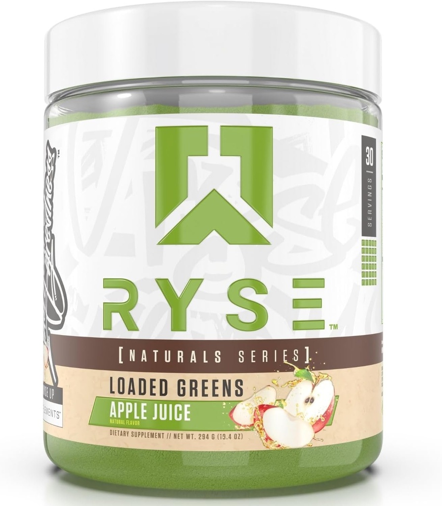 RYSE Loaded Green Superfood Powder - Apple Juice - Dagligt tillæg med grønne balance, BettaBerries & Sudre Fiber - Understøtter fordøjelse, immunitet & energi - Ingen kunstige sødestoffer - 30 Servere