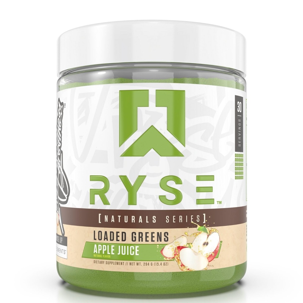 RYSE Loaded Green Superfood Powder - Apple Juice - Dagligt tillæg med grønne balance, BettaBerries & Sudre Fiber - Understøtter fordøjelse, immunitet & energi - Ingen kunstige sødestoffer - 30 Servere