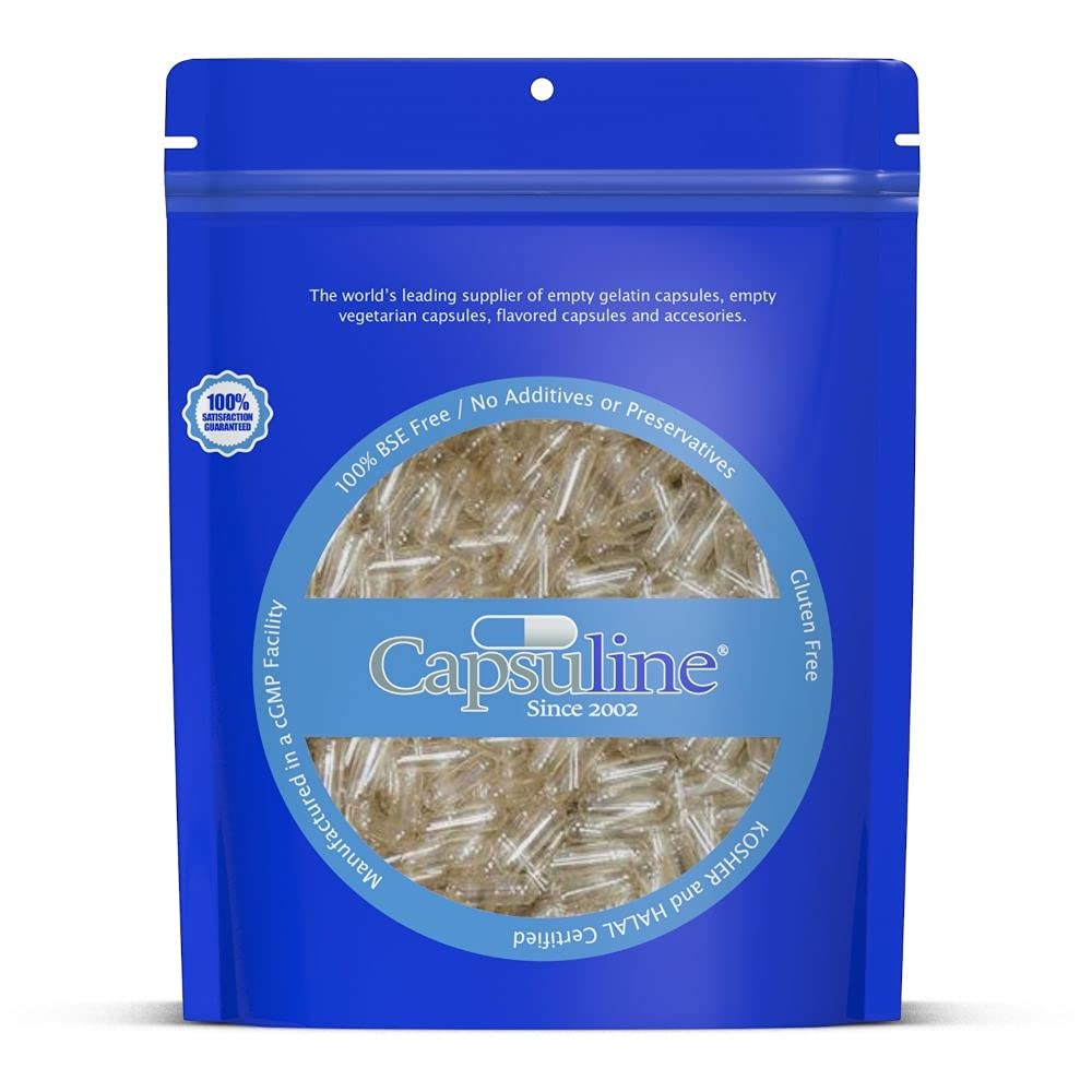 Capsulin Størrelse 00 - Clear Tom Gelatine Kapsler - Tomme Gel Pille Kapsler - Du er ren Bovine Pille Kapsel Fyldning - Tomme Caps - Kosher, Gluten Free, Halal og Non- GMO (500 Count, Clear)