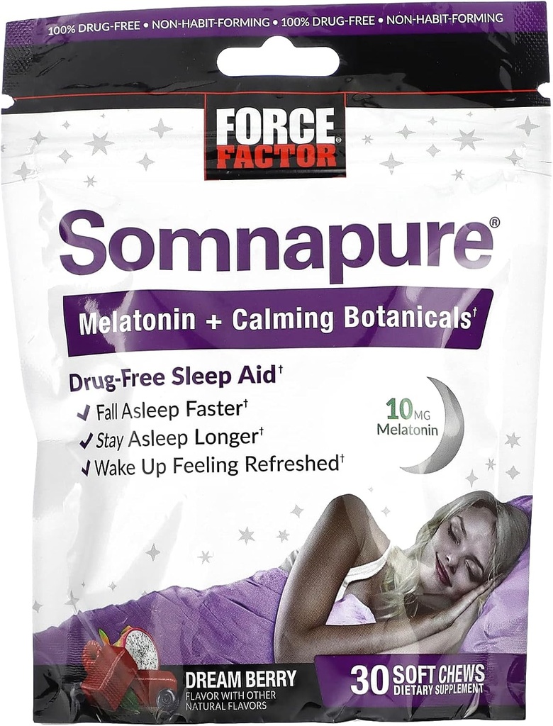 FORCE FACTOR Somnapure bløde tykkere med 10 mg melatonin, L-Theanin, kamille, Lemon Balm, Dream Berry Flavor, 30 bløde tykkere