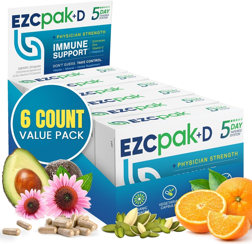 EZC Pak 5- Day immunsystem booster med Echinacea, C-vitamin, Zink & D-vitamin - Tændt immunforsvar supplement til voksne - Understøtter Immunitet, Easy Travel- Size Supplement Pack - (pakke med 6)