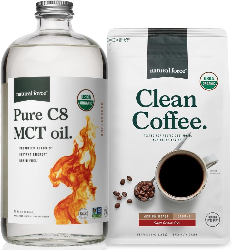 Natural Force Organic Ground Clean Coffee + Organic Pure C8 MCT Oil Bundle - 100% C8 MCT & Mold & Mycotoksin Free Coffee - Non- GMO, Keto, Paleo og Vegan - 10 Oz Bag og 32 Oz Glass Flaske