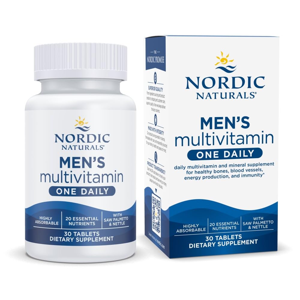 Nordic Naturals Mænds Multivitamin One Daily - Bone, Energy, & Blood-Vessel Support - Immunity Supplement - 20 Essential Nutrients - 30 Tablets - 30 Servering