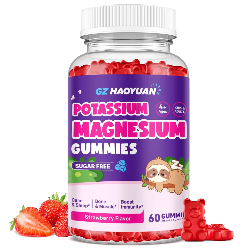 Magnesium Gummier for børn - Magnesium Glycinat Gummies med vitamin D3, B6, Kalium & Ashwagandha, Magnesium for børn og voksne Afslapning, søvn, hjerne & ben Sundhed -Vegansk Jordbær 60ct