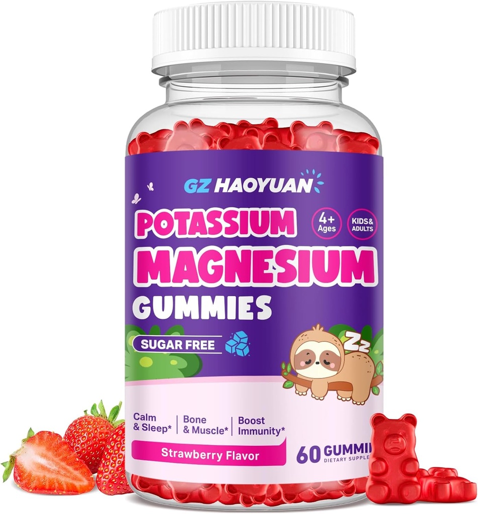 Magnesium Gummier for børn - Magnesium Glycinat Gummies med vitamin D3, B6, Kalium & Ashwagandha, Magnesium for børn og voksne Afslapning, søvn, hjerne & ben Sundhed -Vegansk Jordbær 60ct