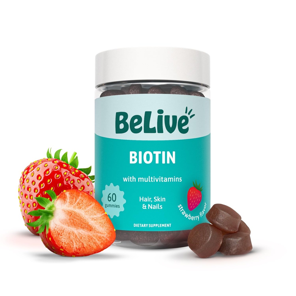 BeLive Biotin Gummies med MultiVitaminer, Folat, Inositol - Understøtter hårvækst, sund hud & negle - Vegan, Pectin baseret - Jordbærsmag (1)