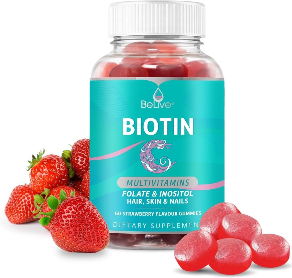 BeLive Biotin Gummies med MultiVitaminer, Folat, Inositol - Understøtter hårvækst, sund hud & negle - Vegan, Pectin baseret - Jordbærsmag (1)